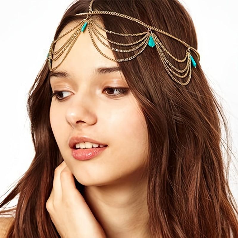Boho Turquoise Head Chains Tassel Headband Hair Jewelry for Women