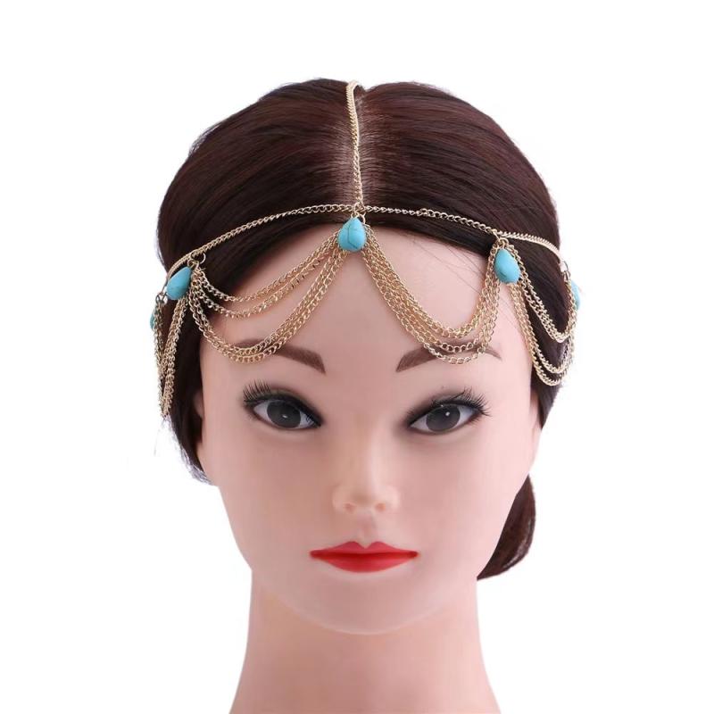 Boho Turquoise Head Chains Tassel Headband Hair Jewelry for Women