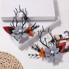 2pcs Halloween Antlers Skull Hair Clips Elk Horn Floral Headwear