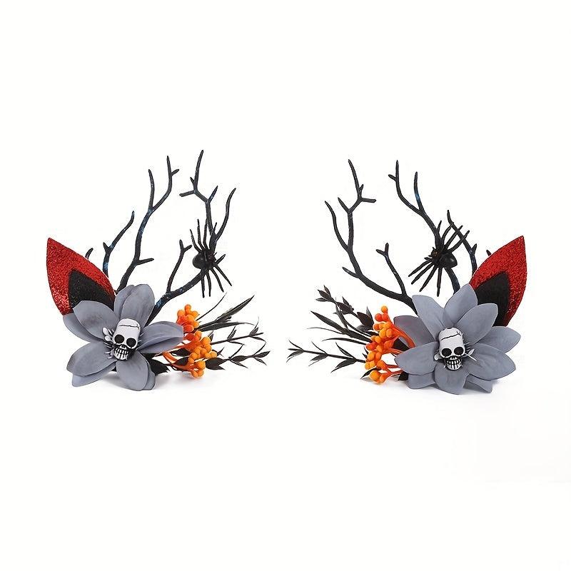 2pcs Halloween Antlers Skull Hair Clips Elk Horn Floral Headwear