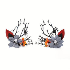 2pcs Halloween Antlers Skull Hair Clips Elk Horn Floral Headwear