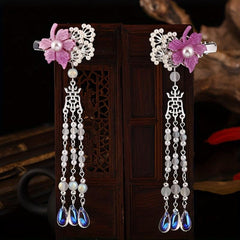 Maple Leaf Hair Clip Faux Pearl Beaded Pendant Ancient Costume Accessory