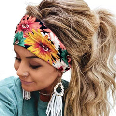 Chrysanthemum Print Headband Cross Knotted Hair Band for Yoga Sports