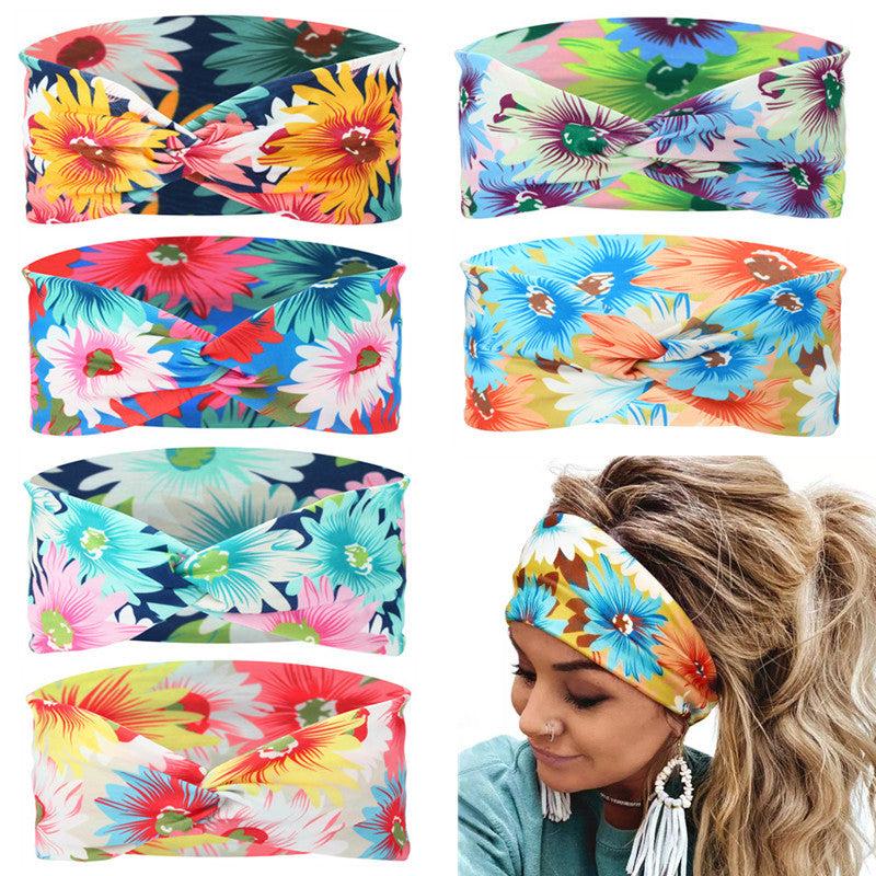 Chrysanthemum Print Headband Cross Knotted Hair Band for Yoga Sports