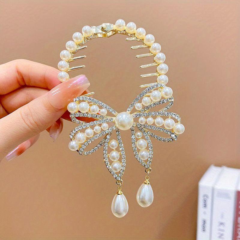Faux Pearl Butterfly Hair Claw Clip Rhinestone Bun Clip