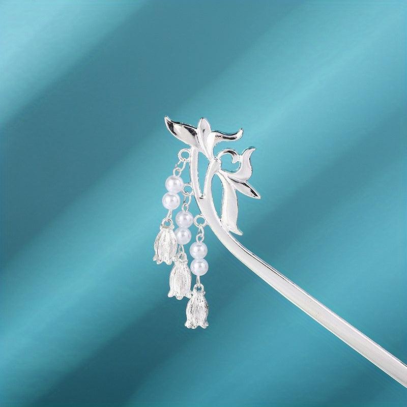 Vintage Flower Hairpin with Faux Pearl Pendant Hair Stick