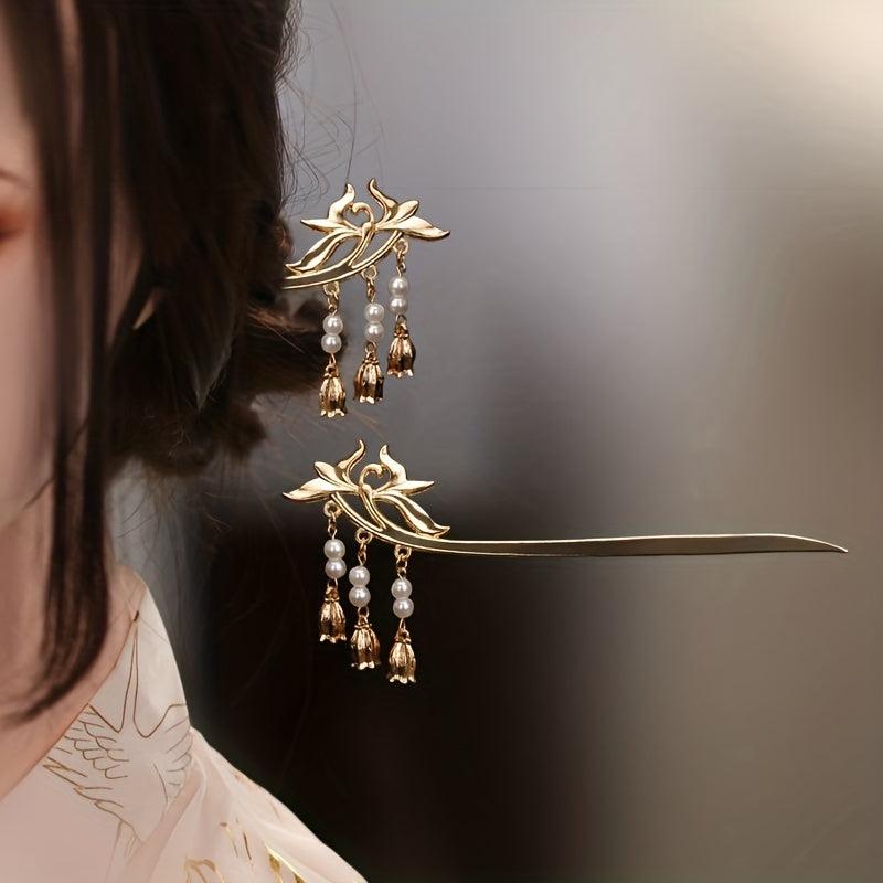 Vintage Flower Hairpin with Faux Pearl Pendant Hair Stick