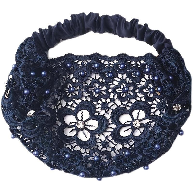 Embroidered Flower Snow Yarn Wide Turban Lace Elastic Hair Band