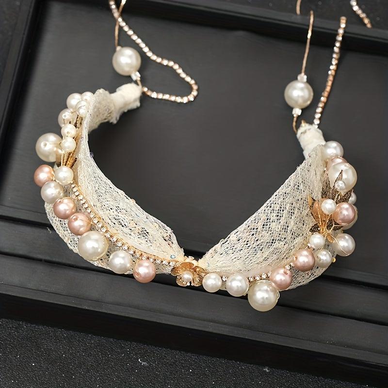 Faux Pearl Hairband French Lace Hair Tie Ribbon Head Piece