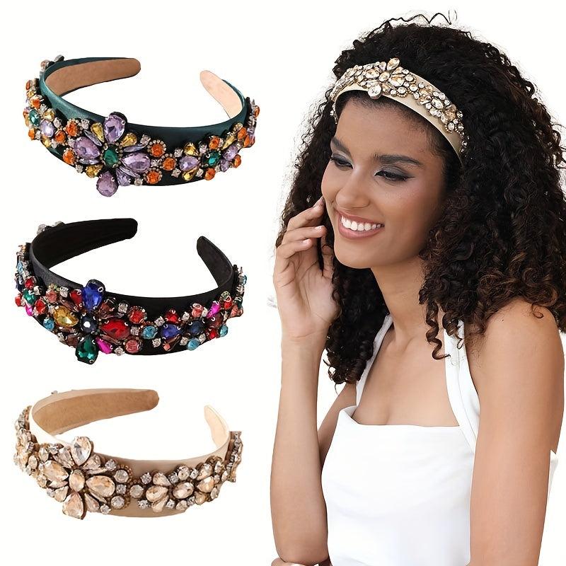 Baroque Rhinestone Flower Headband Crystal Padded Hair Band Vintage Headdress
