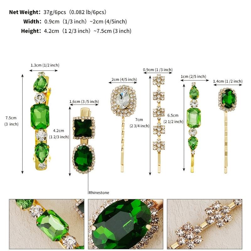 6pcs Green Crystal Hair Clips Rhinestone Hair Pins