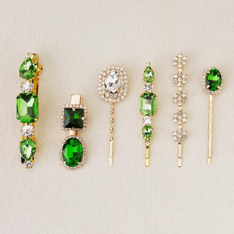 6pcs Green Crystal Hair Clips Rhinestone Hair Pins