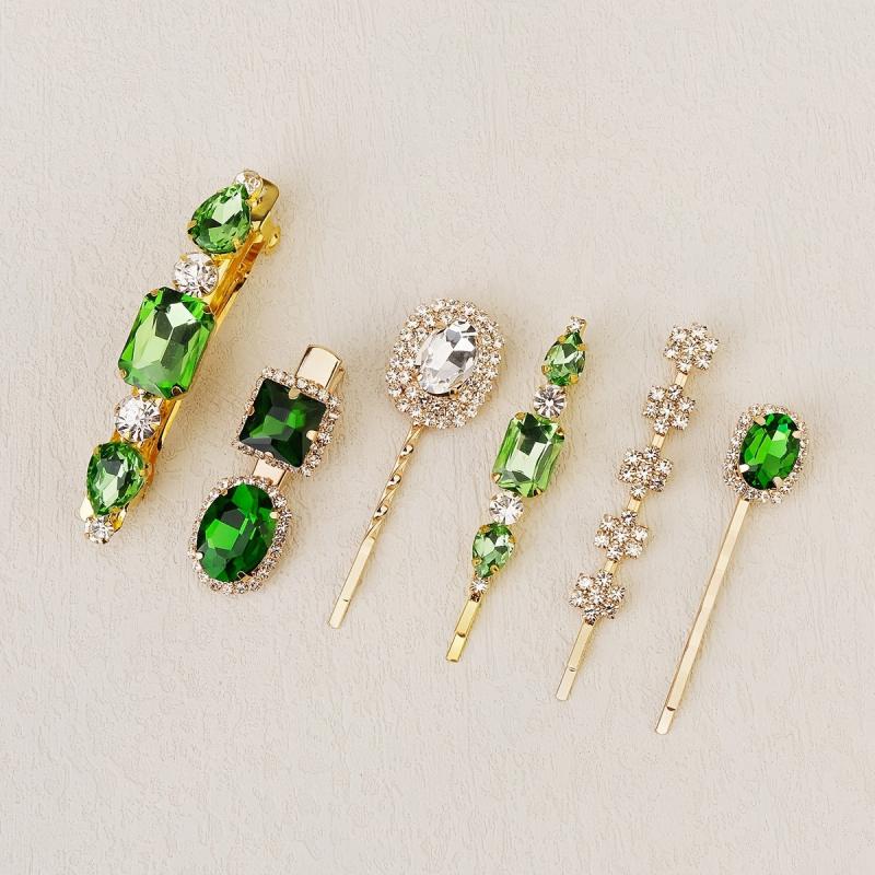 6pcs Green Crystal Hair Clips Rhinestone Hair Pins