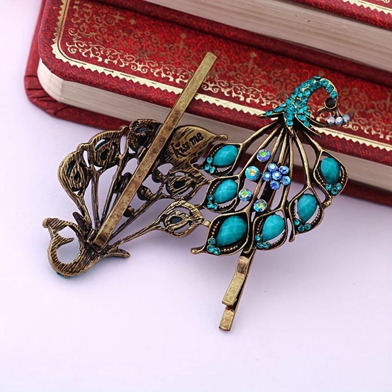 Vintage Peacock Hairpins Set Resin Rhinestones Retro Style Golden Hair Clip