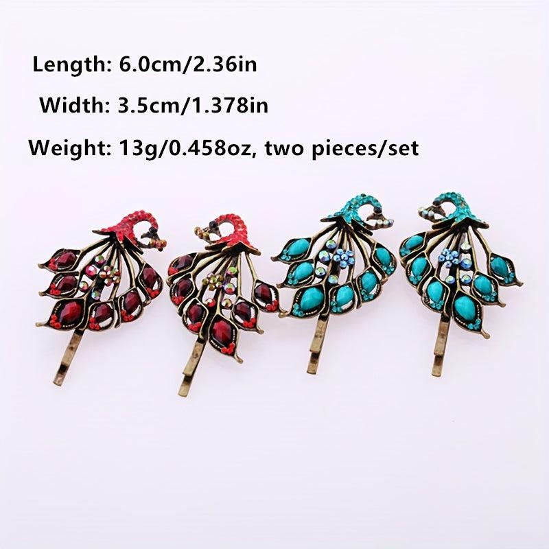 Vintage Peacock Hairpins Set Resin Rhinestones Retro Style Golden Hair Clip