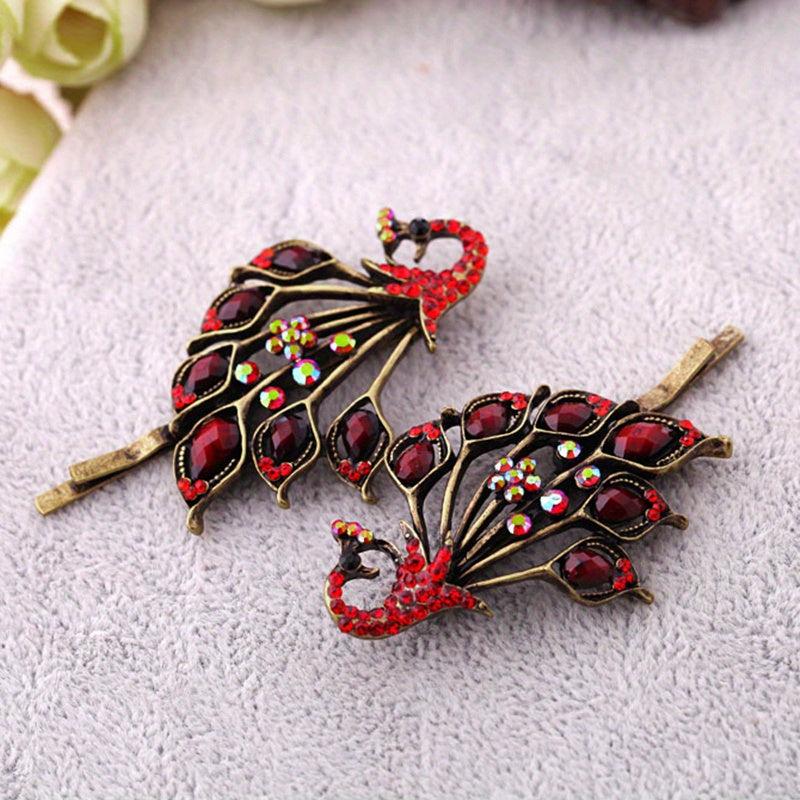 Vintage Peacock Hairpins Set Resin Rhinestones Retro Style Golden Hair Clip