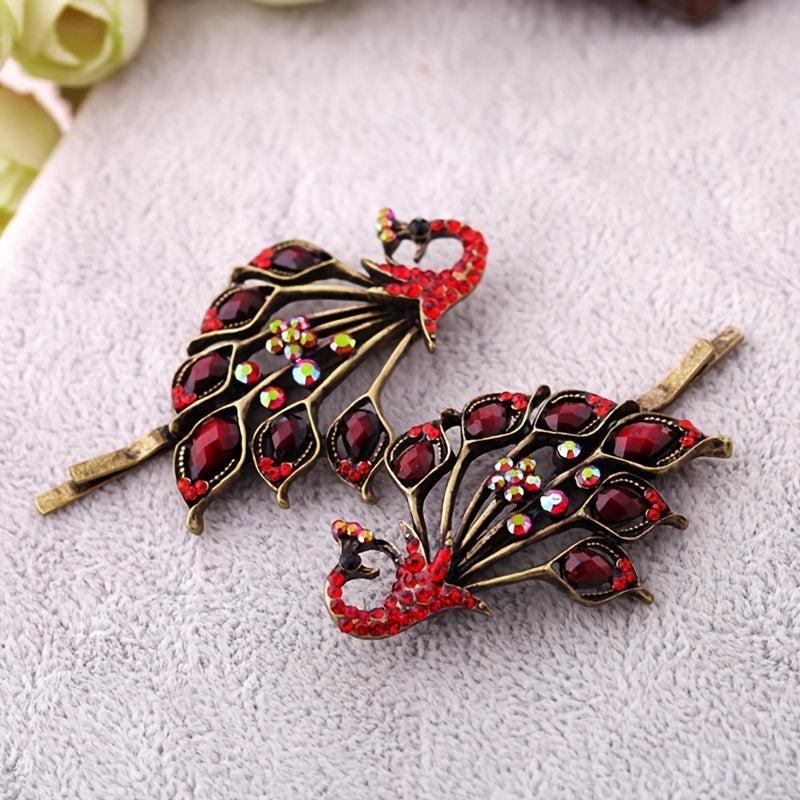 Vintage Peacock Hairpins Set Resin Rhinestones Retro Style Golden Hair Clip