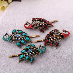 Vintage Peacock Hairpins Set Resin Rhinestones Retro Style Golden Hair Clip