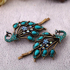 Vintage Peacock Hairpins Set Resin Rhinestones Retro Style Golden Hair Clip