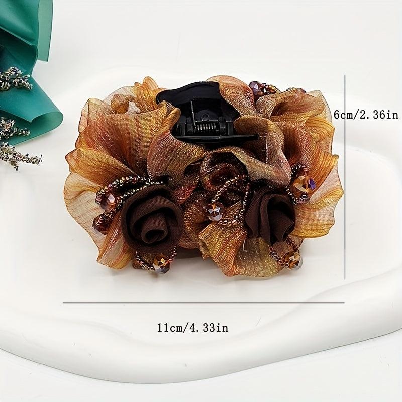Vintage Hair Claw Tulle Flower Beaded Hair Claw Ponytail Holder
