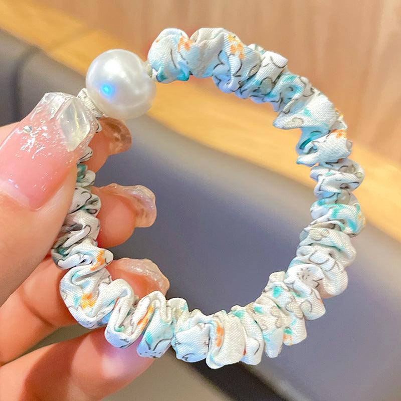 Floral Print Faux Pearl Scrunchies Hair Tie Bracelet Style