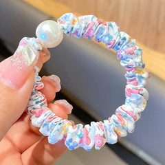 Floral Print Faux Pearl Scrunchies Hair Tie Bracelet Style
