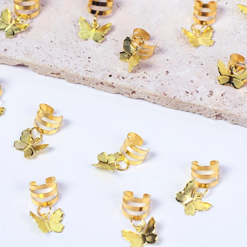 15pcs Golden Dreadlock Hair Ring With Butterfly Tassel Alloy Braids Hair