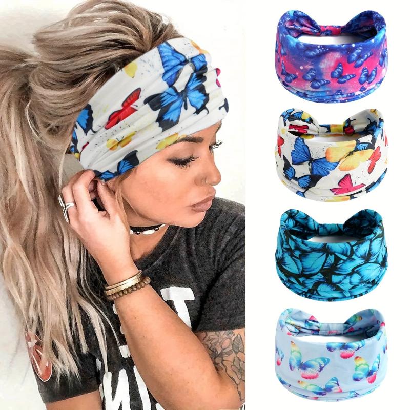 Colorful Butterfly Print Headband Sports Turban Stretchy Hairband