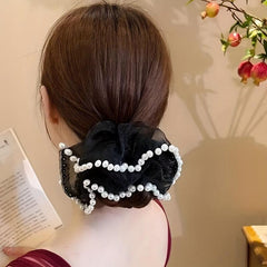 Organza Scrunchies Hair Tie with Faux Pearl Brim Elastic Ponytail Holder