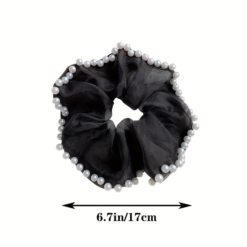 Organza Scrunchies Hair Tie with Faux Pearl Brim Elastic Ponytail Holder