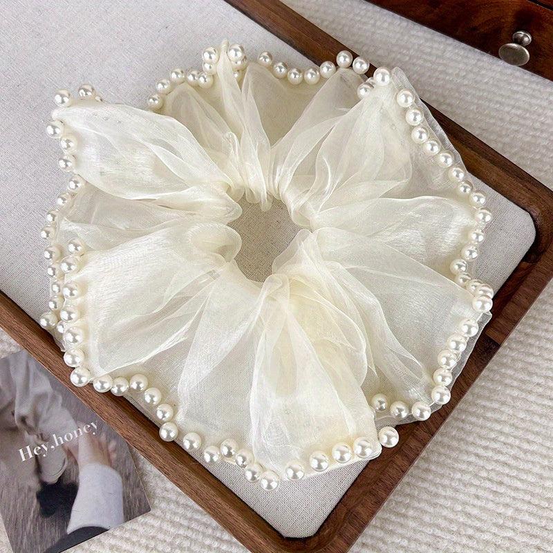 Organza Scrunchies Hair Tie with Faux Pearl Brim Elastic Ponytail Holder