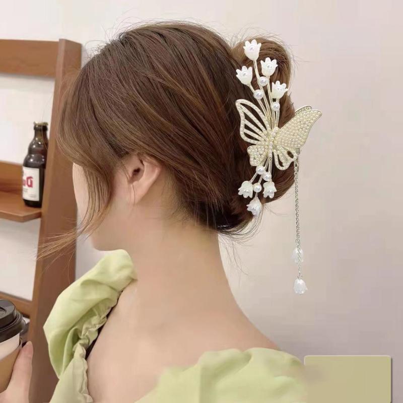 Faux Pearl Flower Hair Claw with Tassel Butterfly Hair Clip