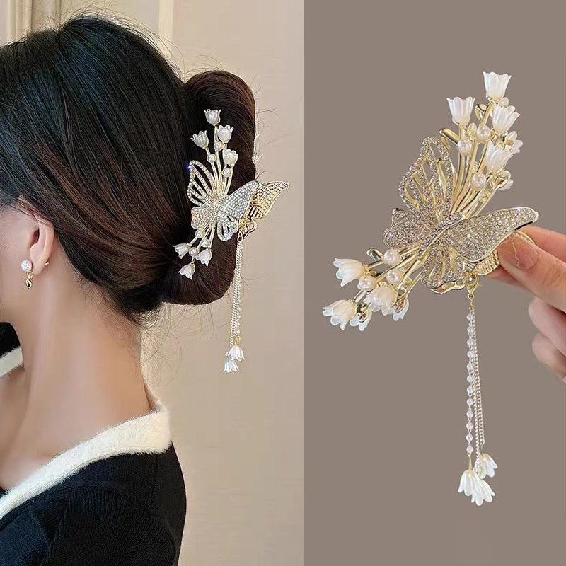 Faux Pearl Flower Hair Claw with Tassel Butterfly Hair Clip
