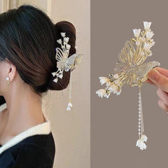 Faux Pearl Flower Hair Claw with Tassel Butterfly Hair Clip
