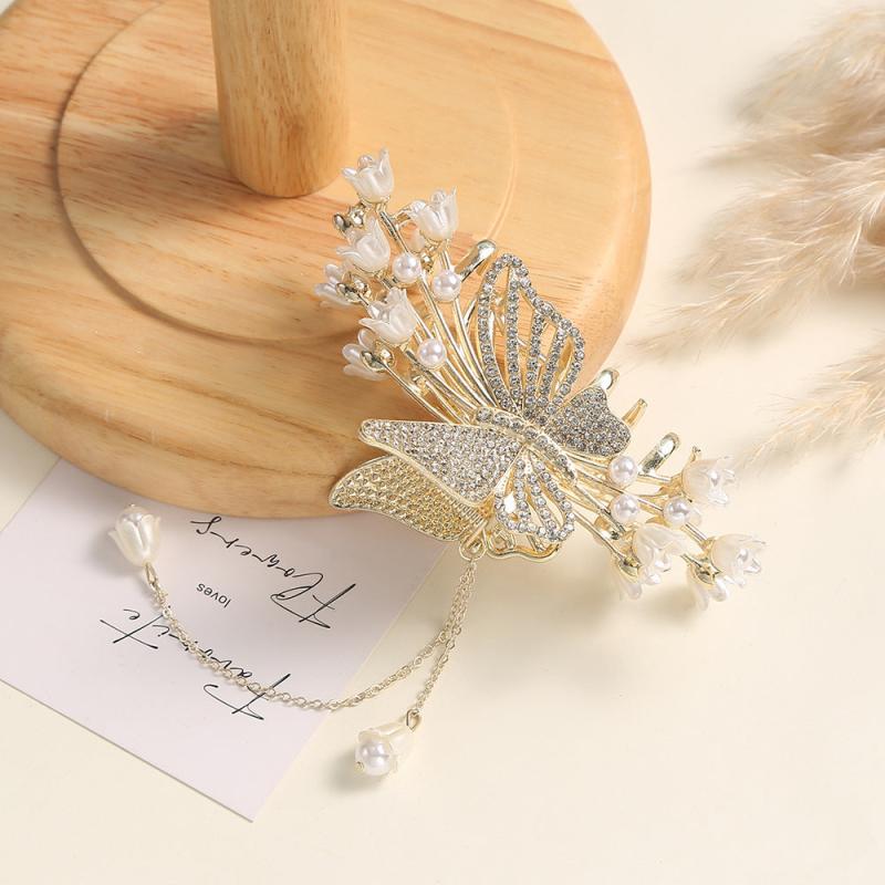Faux Pearl Flower Hair Claw with Tassel Butterfly Hair Clip