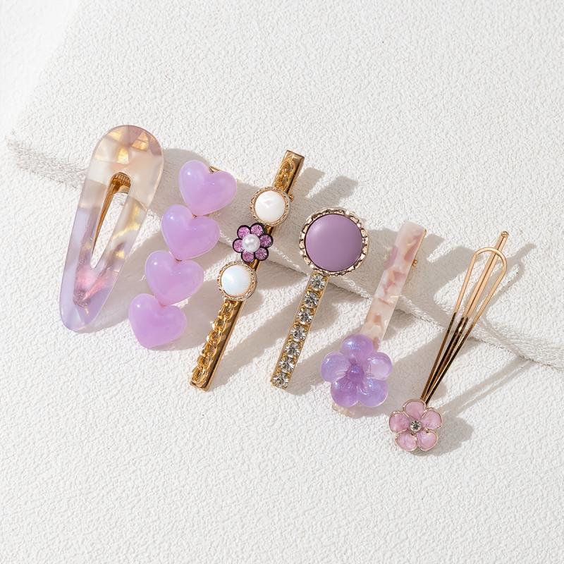 6pcs Purple Rhinestone Hair Clip Metal Barrette Hair Accessories