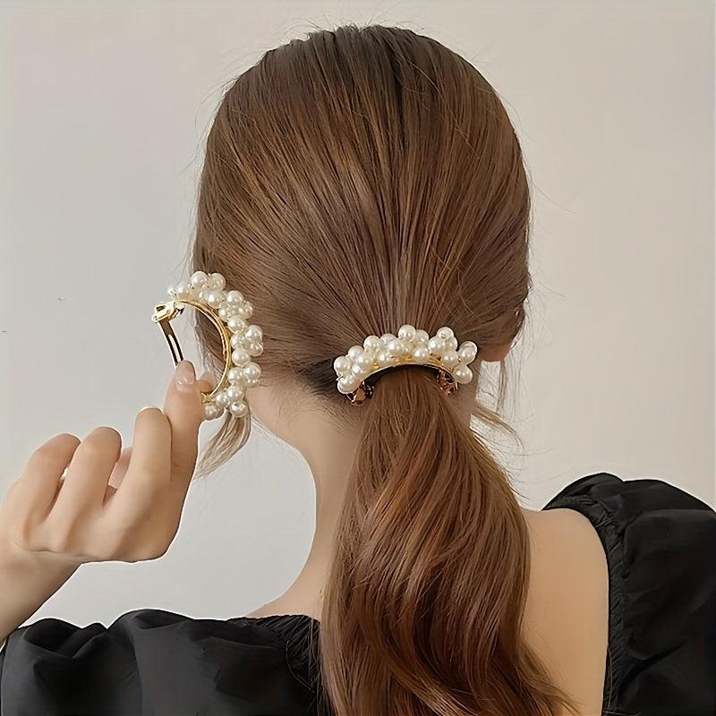 2pcs Faux Pearl Barrette Cuff Hair Clip For Women Girls