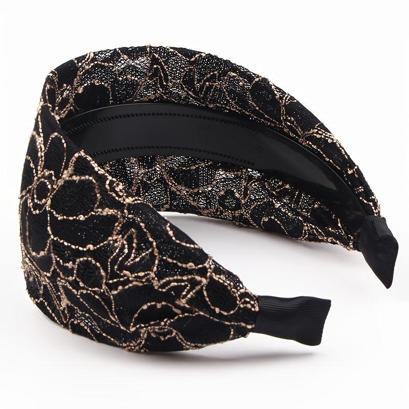 Wide Lace Hairband Embroidery Flower Retro Headband Elastic Hairbands