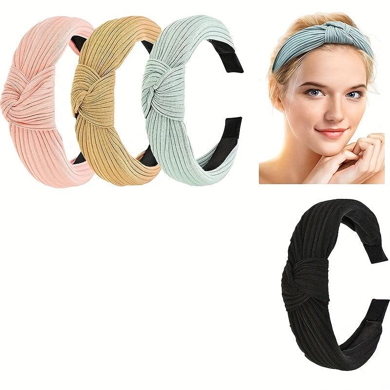 4PCS Fabric Hairband Knotted Wide Brim Knitting Striped Hair Hoop