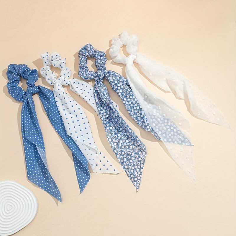 4pcs Polka Dot Hair Rope Ribbon Tails Hair Ring Elastic Ponytail Holder