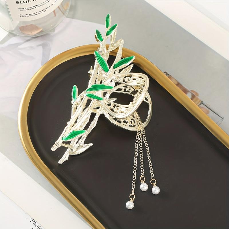 Golden Bamboo Pearl Tassel Hair Claw Clip Non Slip Strong Hold