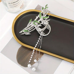 Golden Bamboo Pearl Tassel Hair Claw Clip Non Slip Strong Hold
