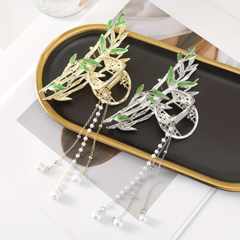 Golden Bamboo Pearl Tassel Hair Claw Clip Non Slip Strong Hold