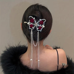 Vintage Butterfly Hair Pin Rhinestone Tassel Bun Holder