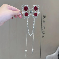 Vintage Butterfly Hair Pin Rhinestone Tassel Bun Holder