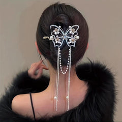 Vintage Butterfly Hair Pin Rhinestone Tassel Bun Holder