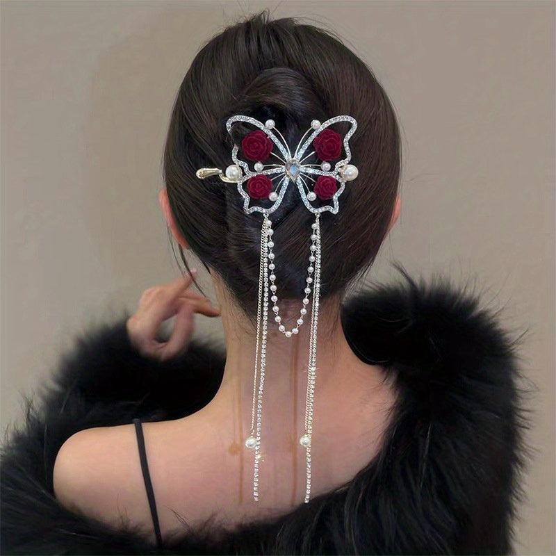 Vintage Butterfly Hair Pin Rhinestone Tassel Bun Holder