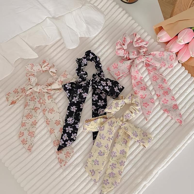 4pcs Floral Bow Hair Tie Ribbon Scarf Large Colorful Scrunchies