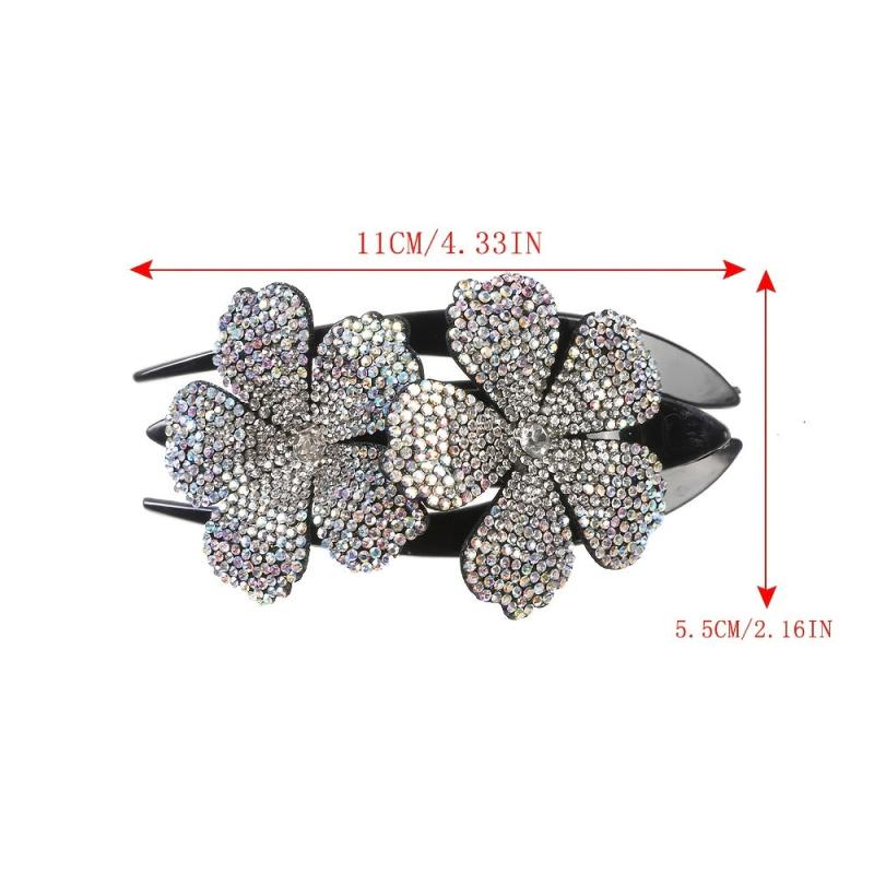 Flower Rhinestones Hair Clips Ponytail Clips Nonslip Women Hair Dovetail Clips