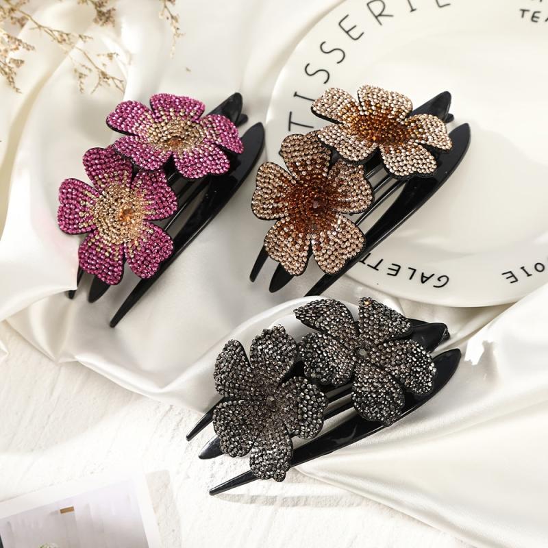 Flower Rhinestones Hair Clips Ponytail Clips Nonslip Women Hair Dovetail Clips